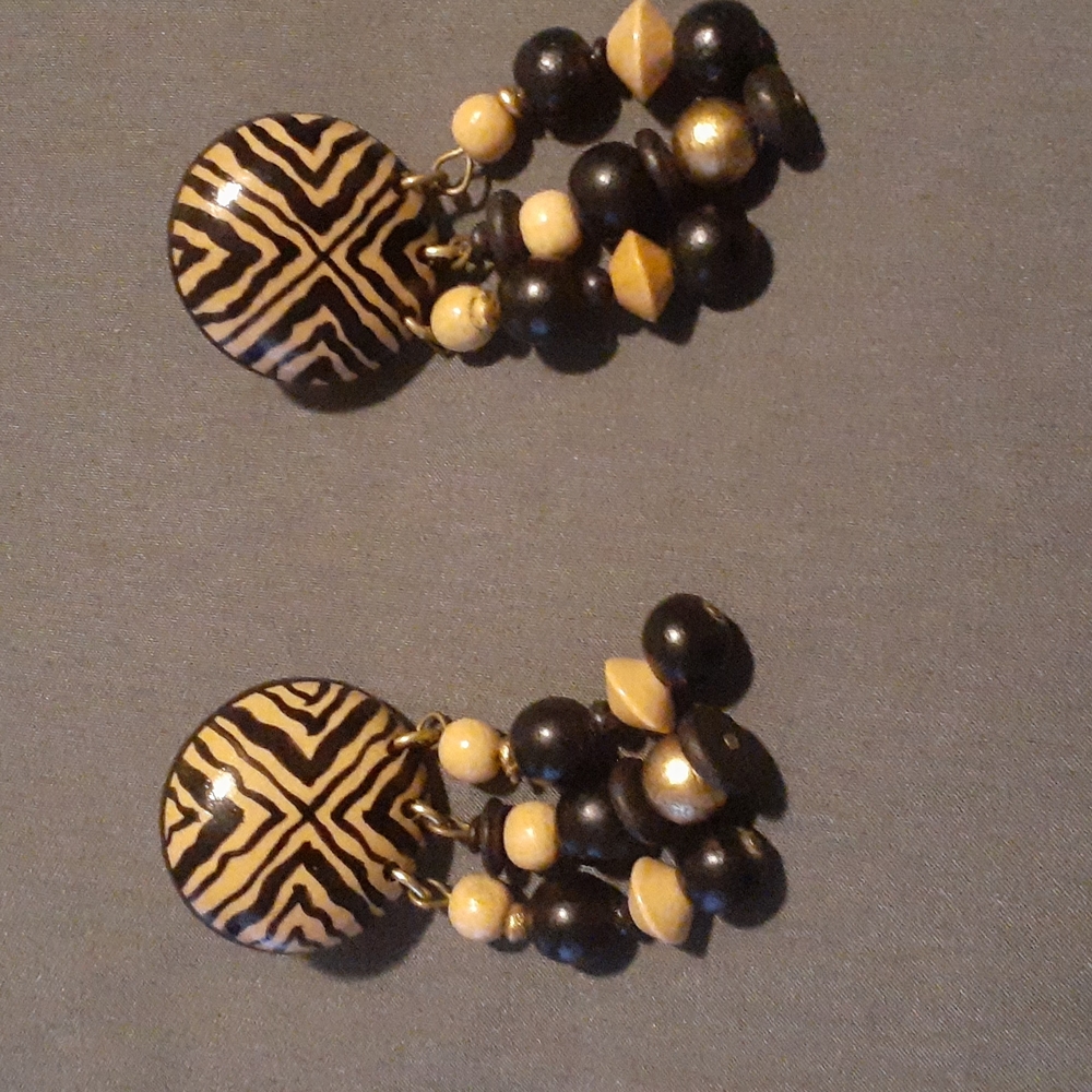 African Design Round Earrings with beads on bottom. 2" X 1" (L7 BC)